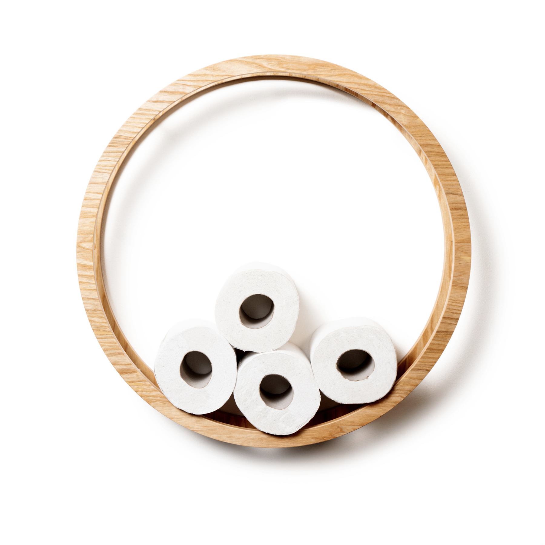 Front view of large wooden circle toilet paper holder