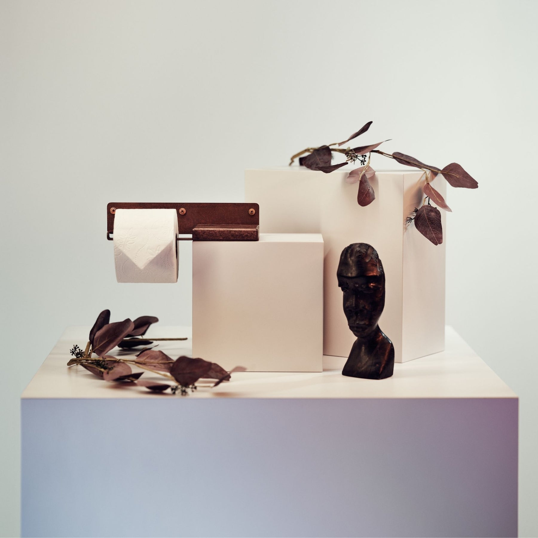 Wall mounted rusted metal toilet roll holder with wooden shelf for bathroom