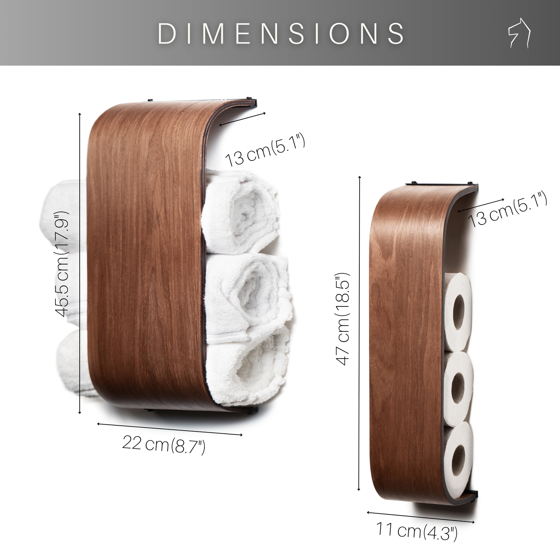 Wood wall mounted wide towel holder and thin toilet roll holder measurements 