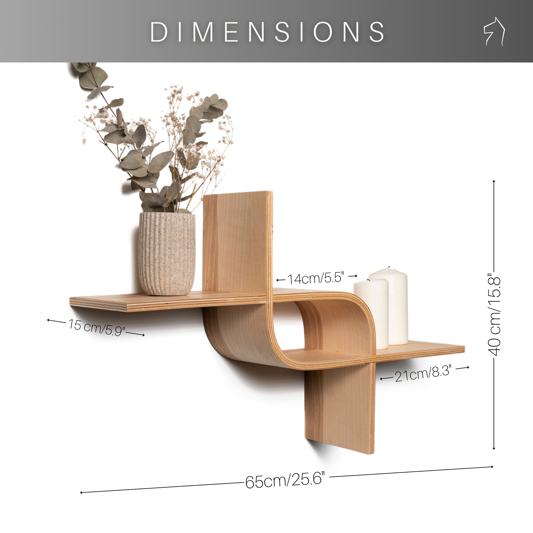 Unique design wooden shelf with asymmetrical shape dimensions 