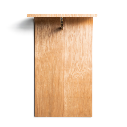 Clear front view of wood wall mounted hanger rack with brass accent on front