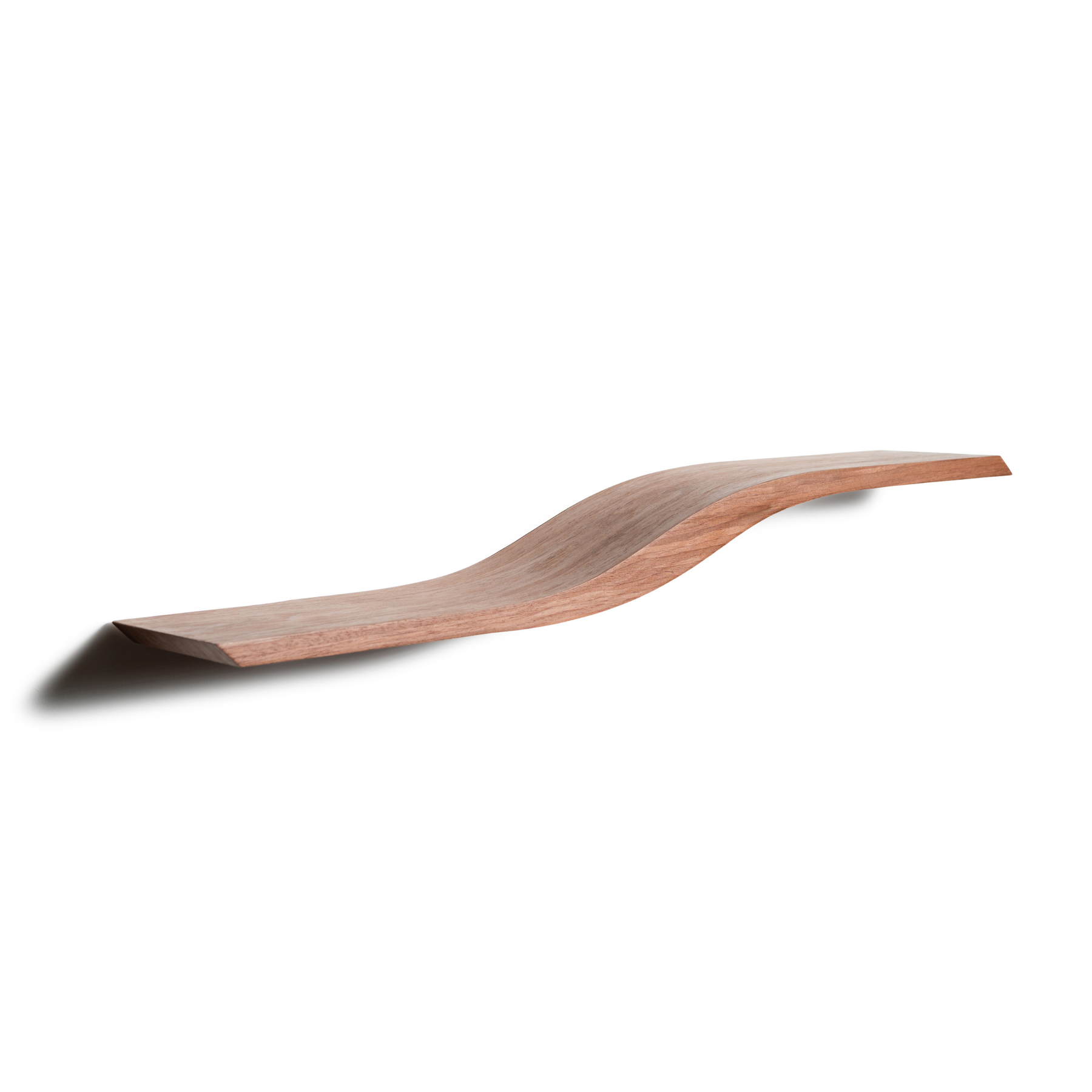 Clear view of wood curved floating shelf with solid middle wave section