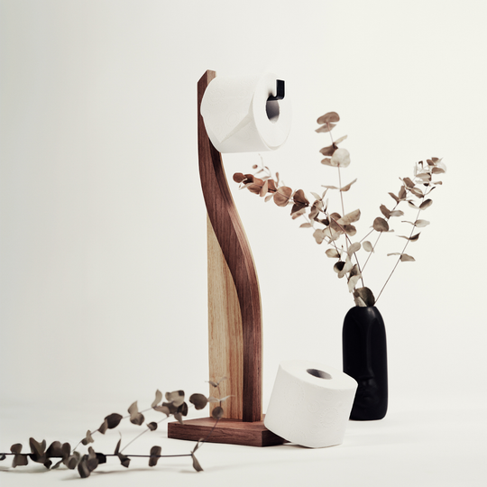 Wooden standing toilet paper holder in ashwood with walnut color details and metal holder for roll