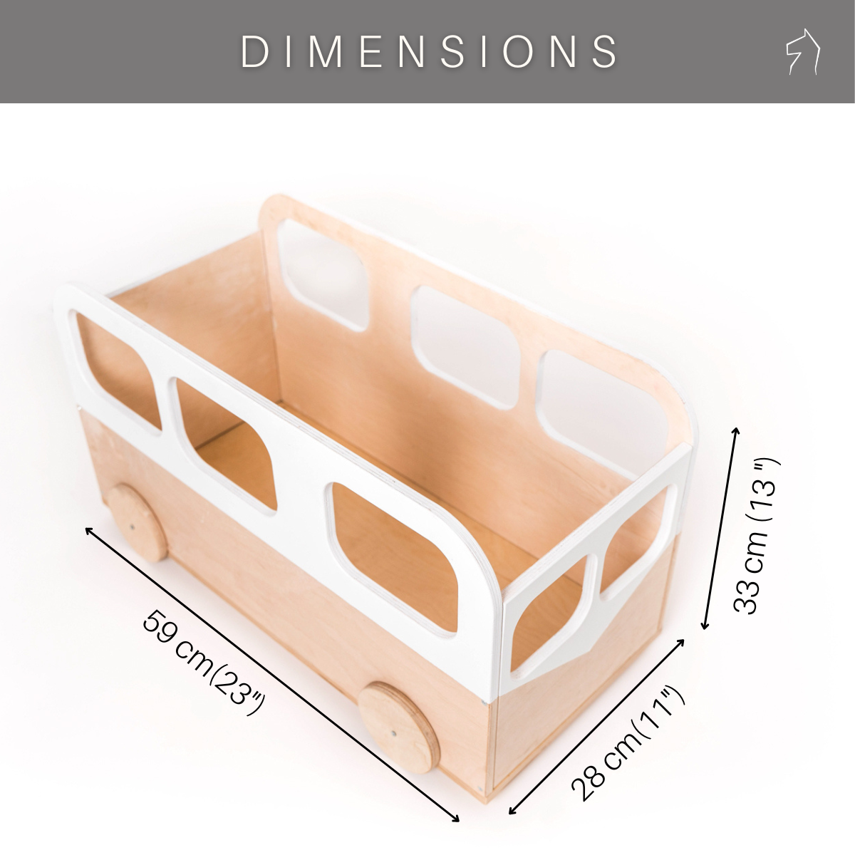 Dimensions of a wooden toy bus: 59 cm (23 inches) long, 28 cm (11 inches) wide, and 33 cm (13 inches) tall.