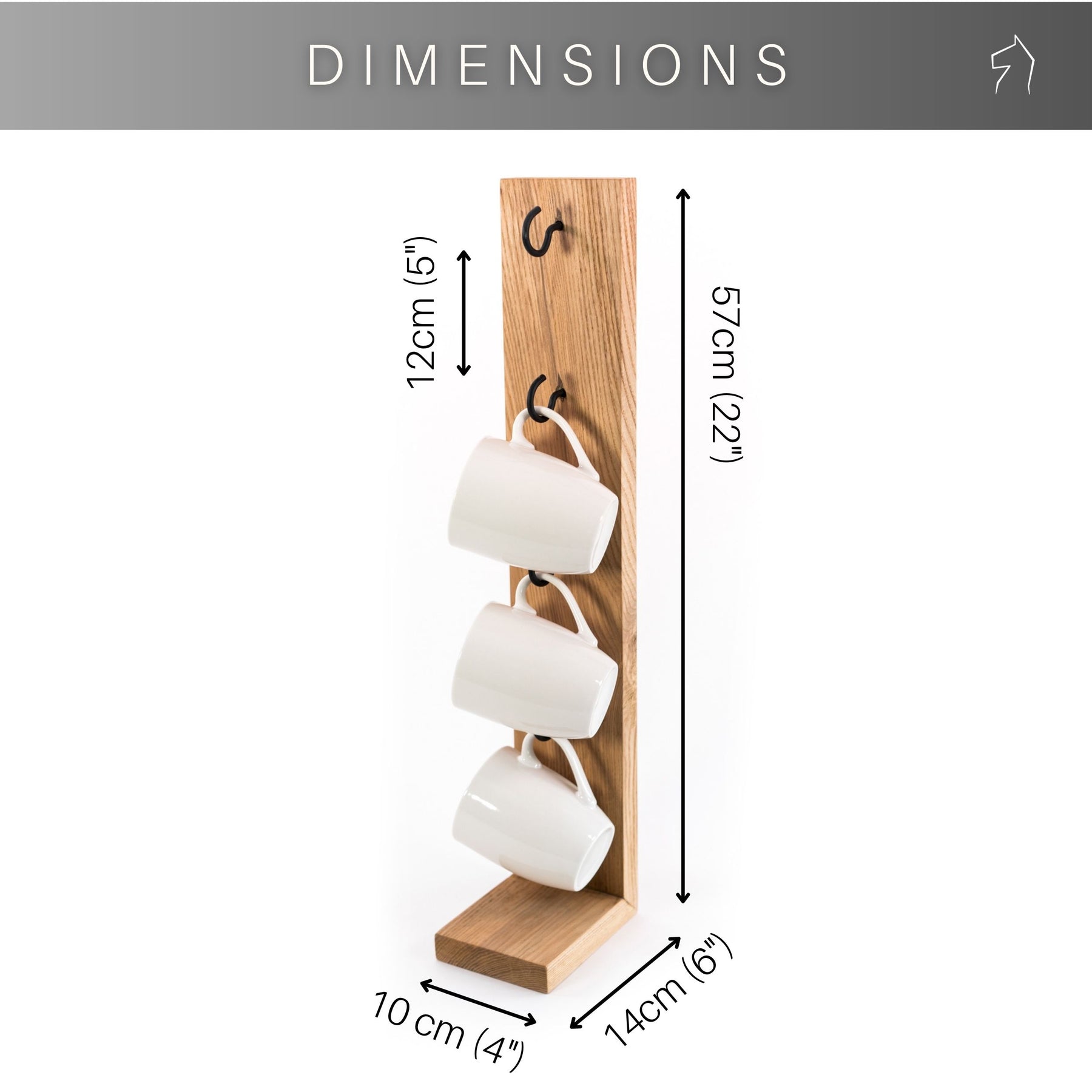 Wooden mug holder with dimensions labeled: 57 cm (22") height, 14 cm (6") width, 10 cm (4") depth, and 12 cm (5") spacing between hooks. Holds three white mugs with a sleek and practical design.